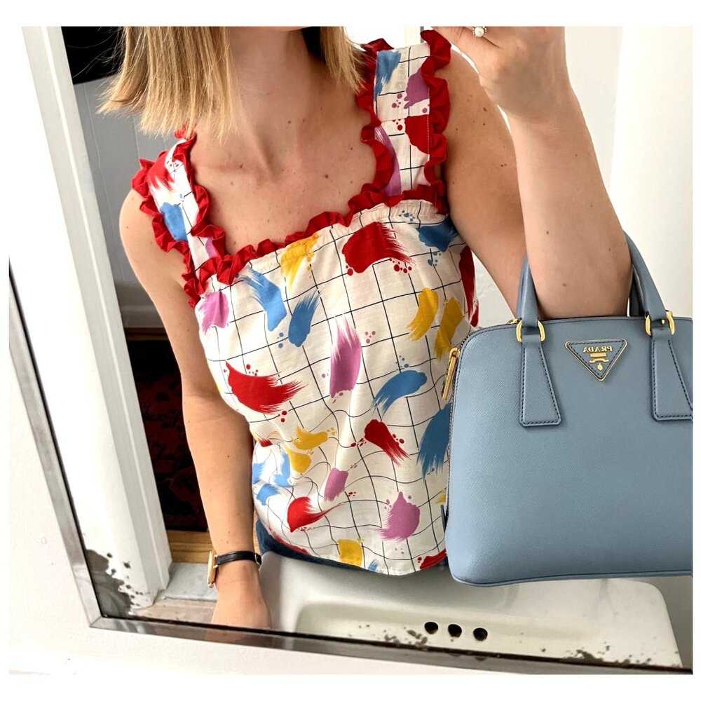 Vintage Multicolor Brushstroke Ruffle Tank Top - Red Trim